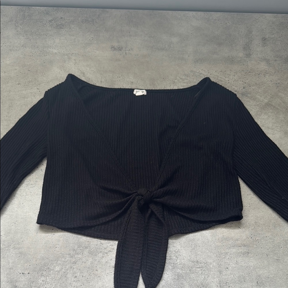 Black Ribbed Tie-Front Top